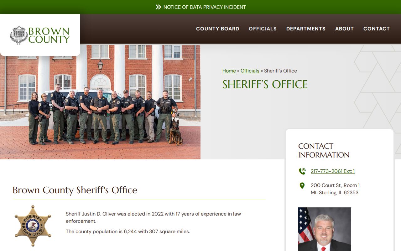 Official Brown County Sheriff Office page with contact information and no public jail roster link