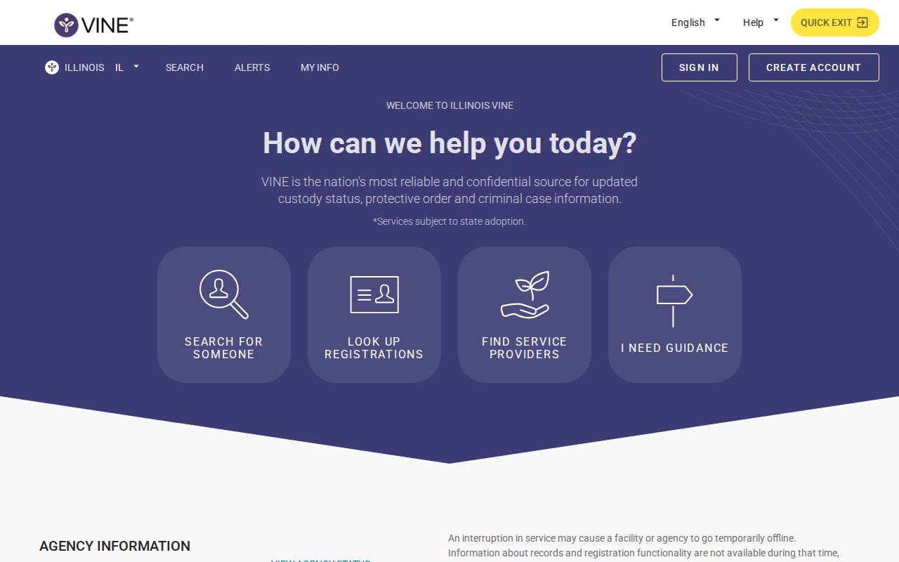Official Illinois VINELink search and notification landing page