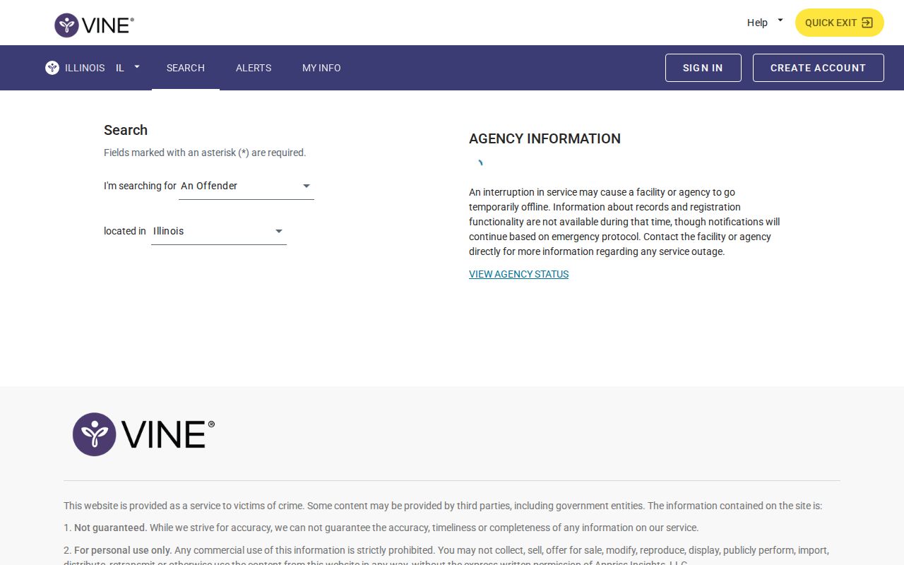 Illinois VINELink person search fields for custody status
