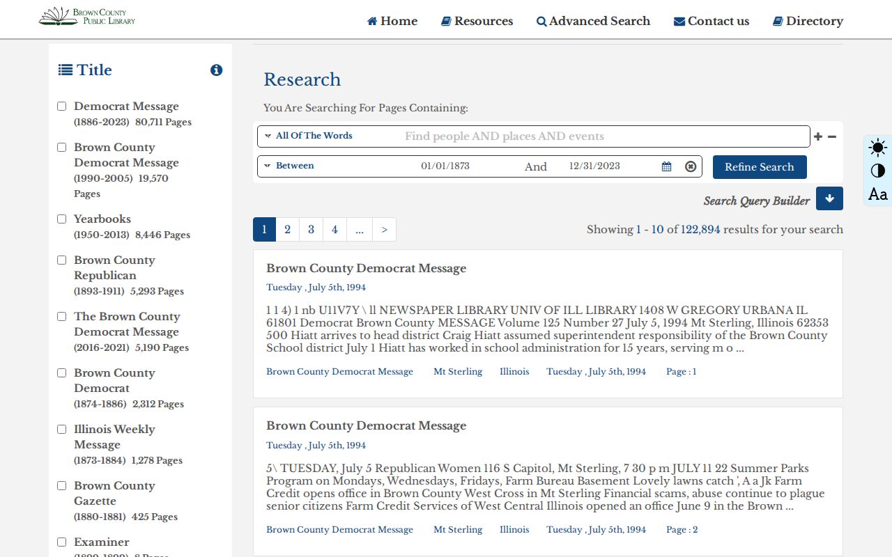 Brown County Public Library historical newspaper search interface